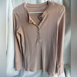 Aerie Beige Waffle Knit Button V-neck  Long Sleeve